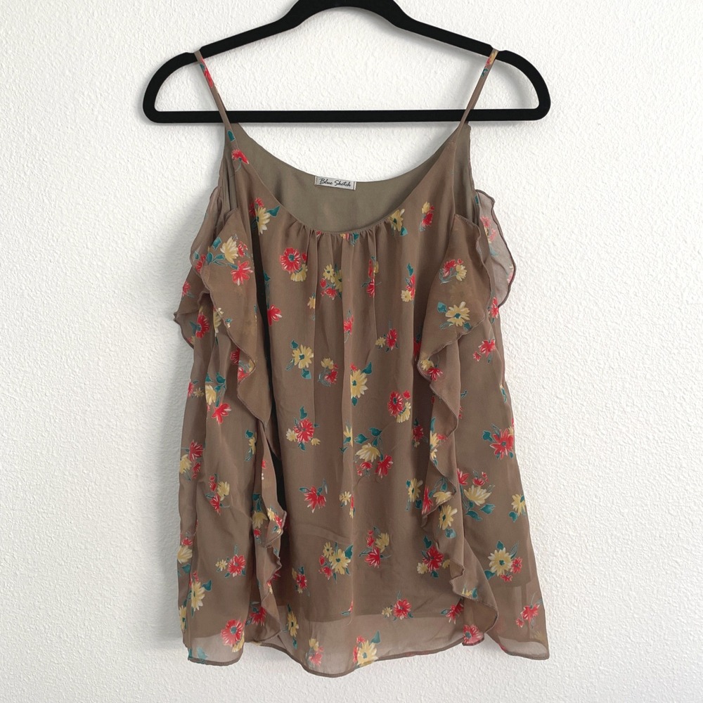 Blue Sketch Floral Ruffle Camisole Top Brown Spaghetti Strap T6066-SK137 Small